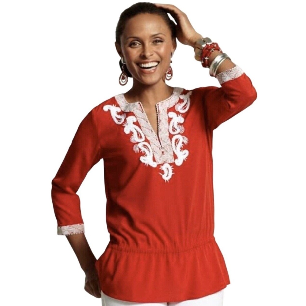 Chico's Tunic Top Women Size 1 Red‎ Embroidered Split Neck 3/4 Sleeve Peplum